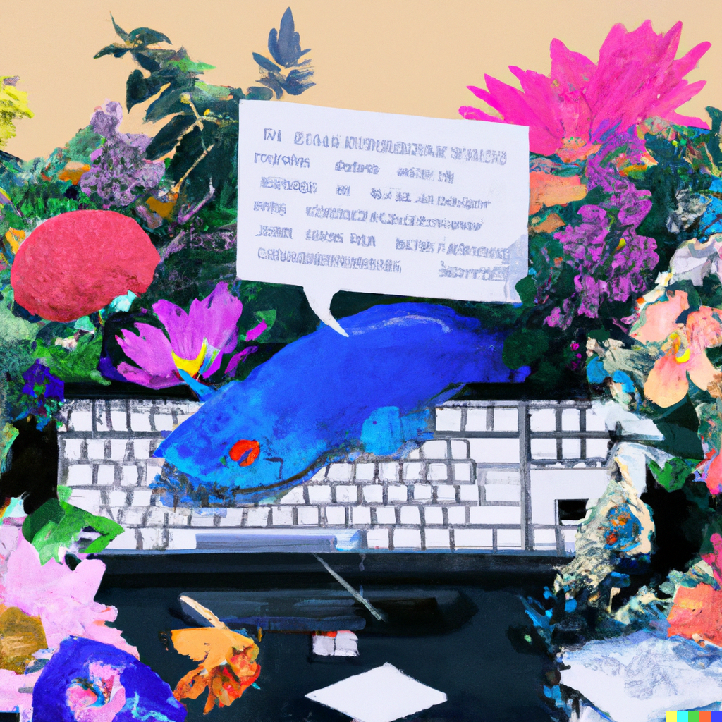 a fish typing a lot of text, surrounded by flowers, digital art